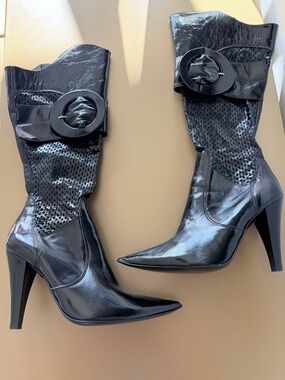Black Patent Mid-Calf Pointed Mesh Toe Heel Boots size 7 heel 4 inches